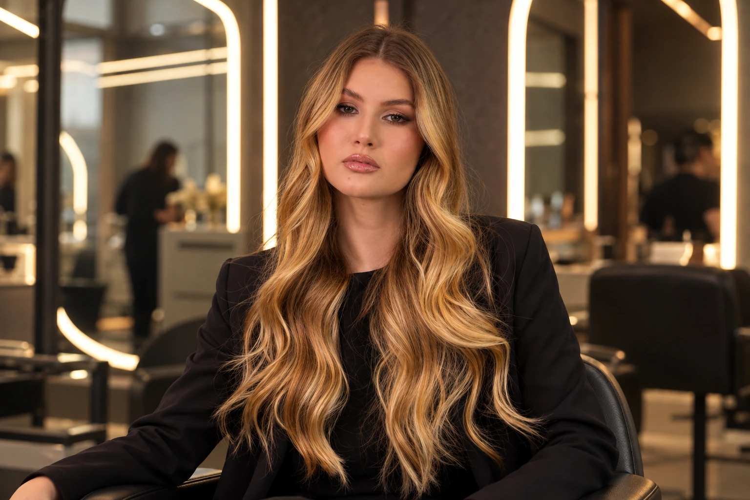 Modelo loira com cabelo longo ondulado no Studio Jhony Torquato